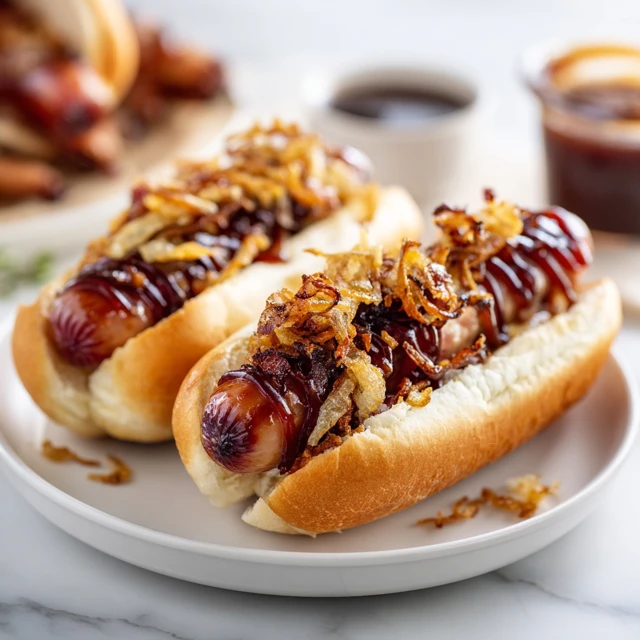 Bacon Wrapped Grilled Hot Dogs with Crispy Onions & BBQ Sauce – The Ultimate Summer Cookout Favorite