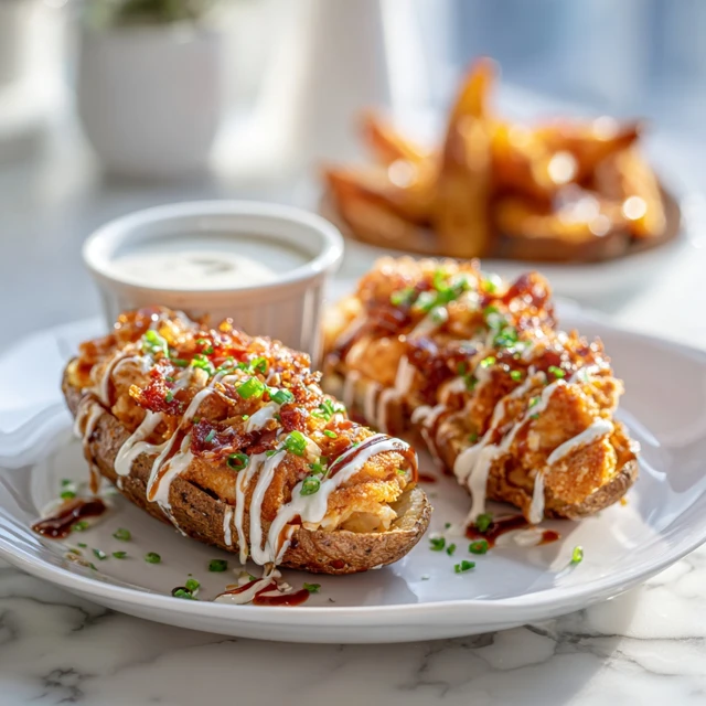 Hot Honey Pretzel Chicken Loaded Baked Potato Boats: Sweet, Spicy & Crunchy Comfort Food