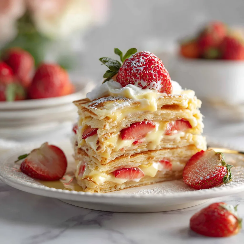 Strawberry Shortcake Vanilla Custard Pancake Stack