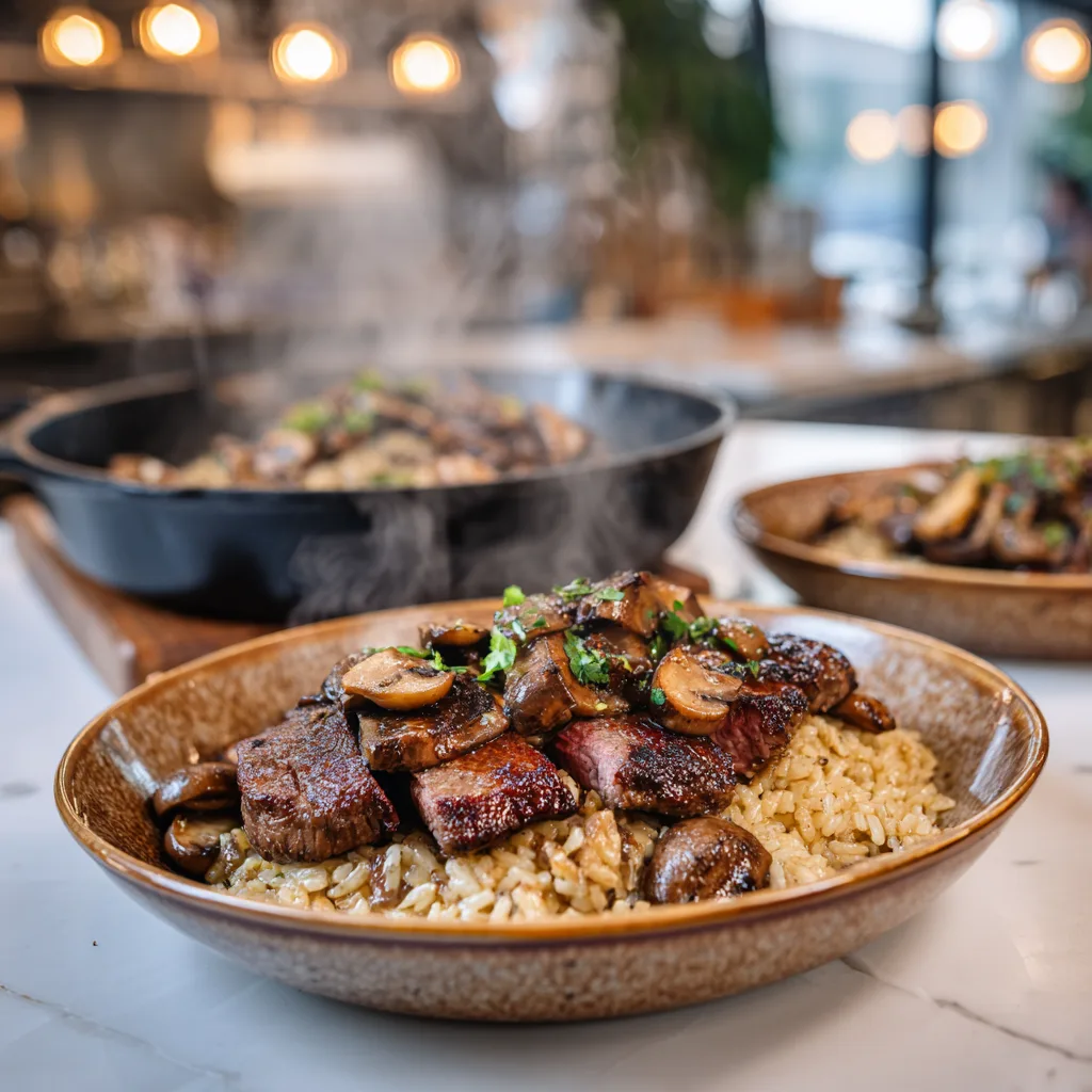 Garlic Butter Steak & Mushroom Rice Skillet – Juicy One-Pan Comfort Steak Bowl